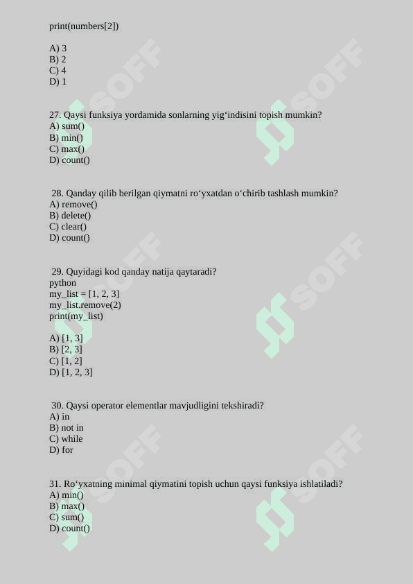 Python dasturlash tilida tuzilgan test 2-qism 6