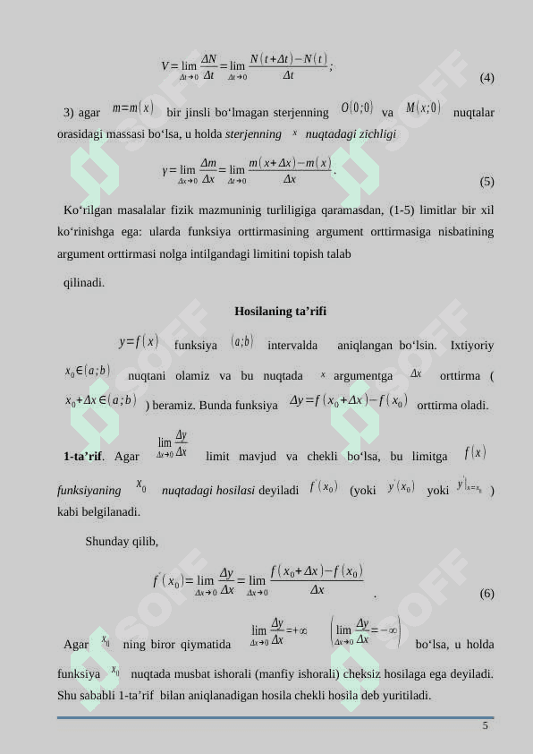 Hosilaning tarifidan foydalangan holda misollar yechish hosilani 5