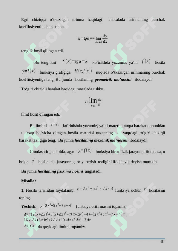 Hosilaning tarifidan foydalangan holda misollar yechish hosilani 8