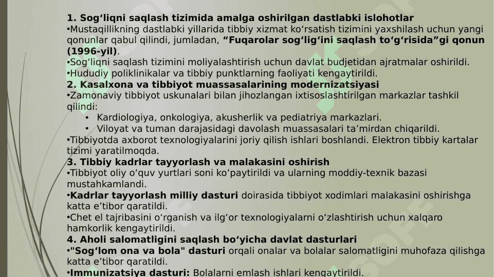 Mustaqillik yillarida o’zbekistonda sog’liqni  saqlash sohasining rivojlanishi 3