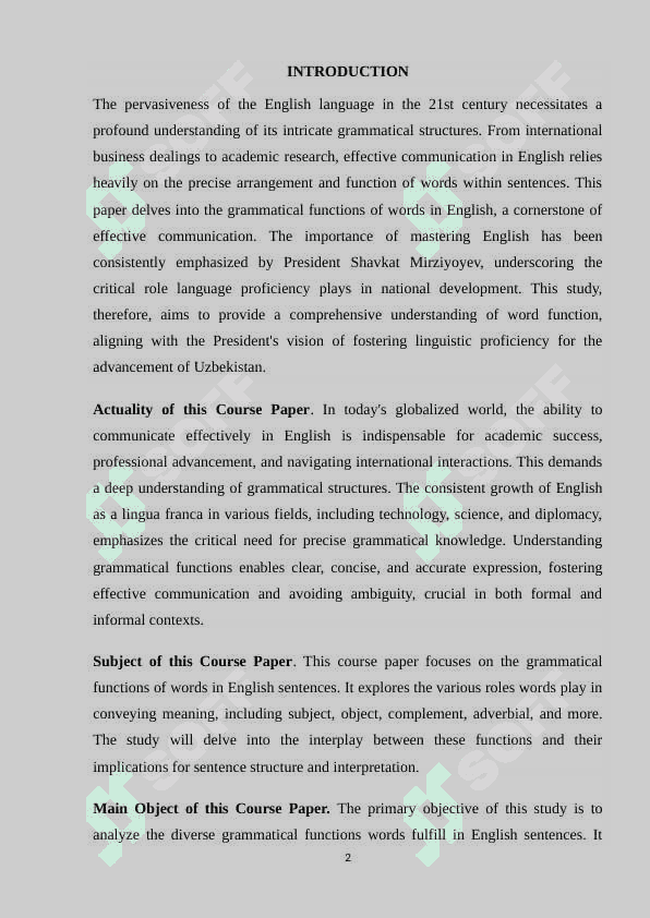 THE GRAMMATICAL FUNCTIONS OF WORDS IN ENGLISH SENTENCES COURSE PAPER.docx 2