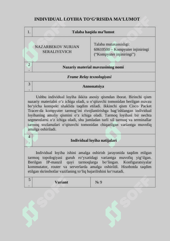"Frame Relay texnologiyasi" mavzusida Individual loyiha 1 2