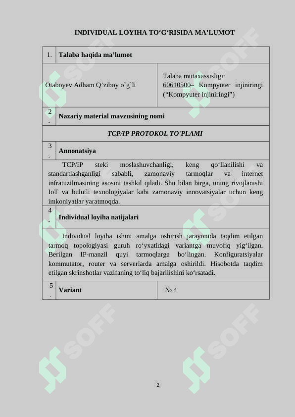 "TCP/IP protokol to'plami" mavzusida Individual loyiha 1 2
