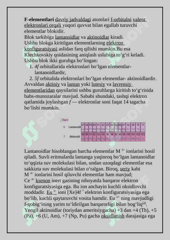 f-elementlar. Lantanoidlar va aktinoidlar. III- guruh elementlarning umumiy tavsifi. 3