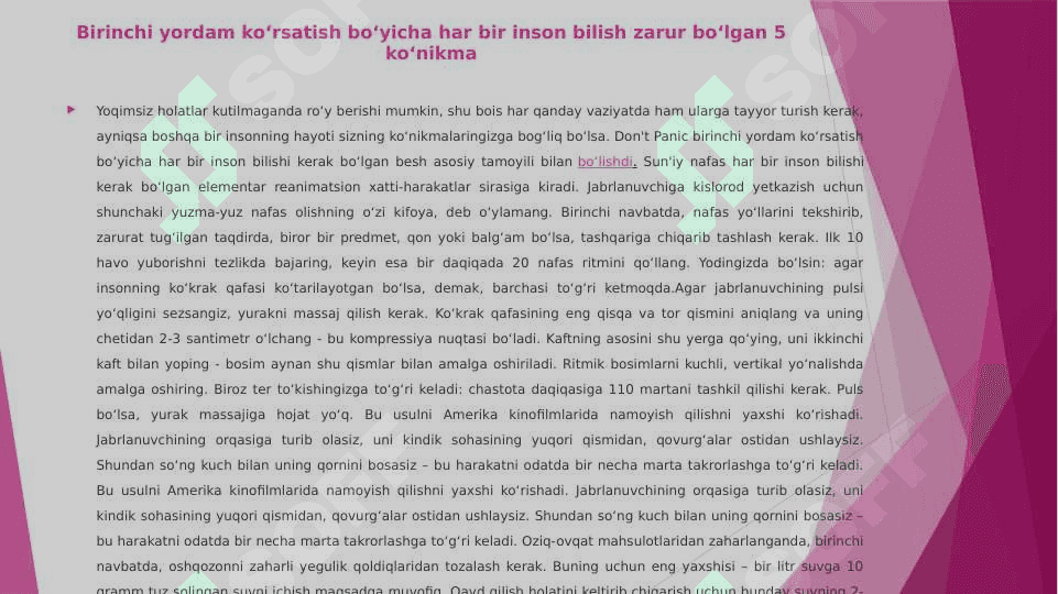 Tez tibbiy yordam kelgunga qadar birinchi tibbiy yordamni ko’rsatish 6