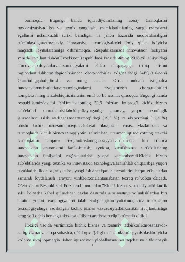 O’zbekiston Respublikasi kichik biznesni rivojlantirishning asosiy yo’nalishlari 7