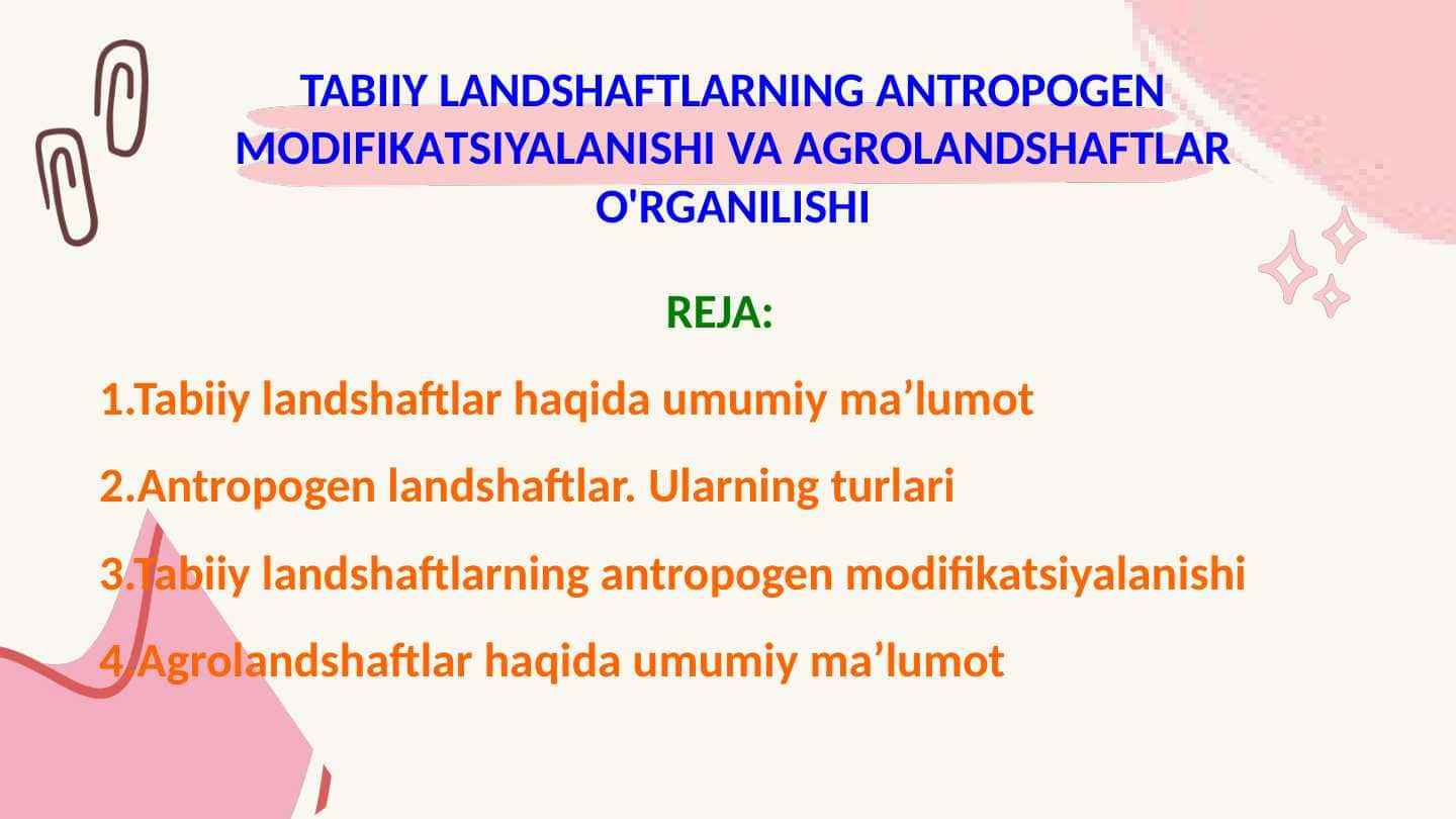 TABIIY LANDSHAFTLARNING ANTROPOGEN MODIFIKATSIYALANISHI VA AGROLANDSHAFTLAR O'RGANILISHI