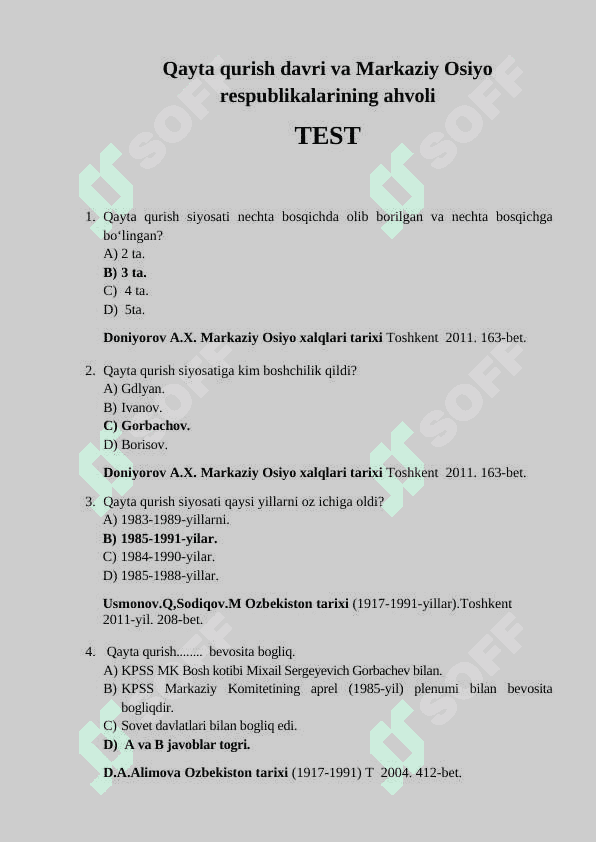 Qayta qurish davri va Markaziy Osiyo respublikalarining ahvoli
(Test 15 ta) 2
