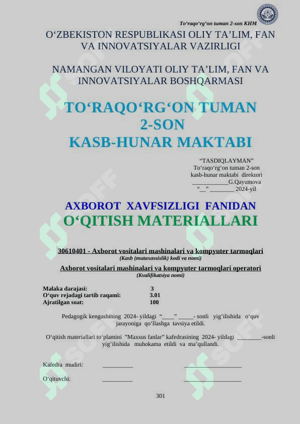 Axborot xavfsizligi fanidan O'qitish materiallari to'plami 3