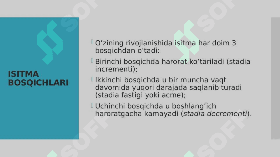 Isitma turlari. Isitmalayotgan bolalarni parvarishlash (isitmalayotgan bolaga yordam ko’rsatish). 4