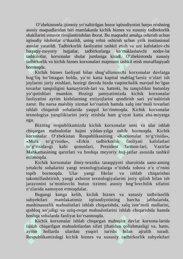 О‘zbekistonda tadbirkorlik faoliyatini rivojlantirish muammolari. 2