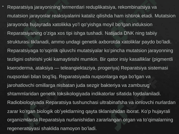 Reparatsiya fermentlari faoliyatining xilma-xilligi. Noallel genlarning o'zaro ta'siri. Pleyotropiya 4