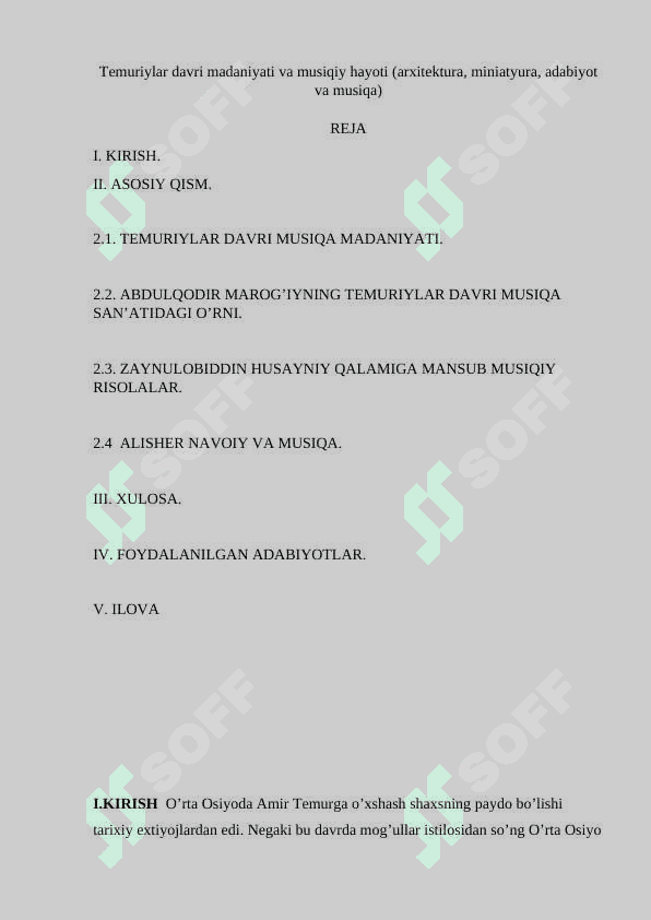 Temuriylar davri madaniyati va musiqiy hayoti (arxitektura, miniatyura, adabiyot va musiqa) 2
