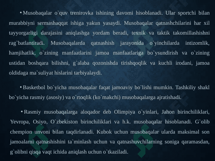 Sport musobaqalarini tashkil qilish va o’tkazish 2