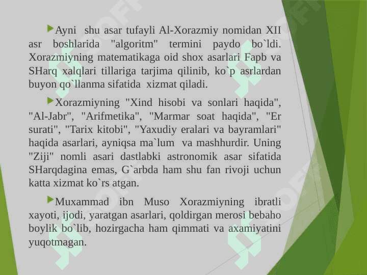 Muxammad Ibn Muso al-Xorazmiy, Nasriddin Tusiy Jamshid, G`iyosiddin al-Koshiy Ulug`bek asarlarida arifmetikaning rivojlanishi haqida ma’lumotlar 4