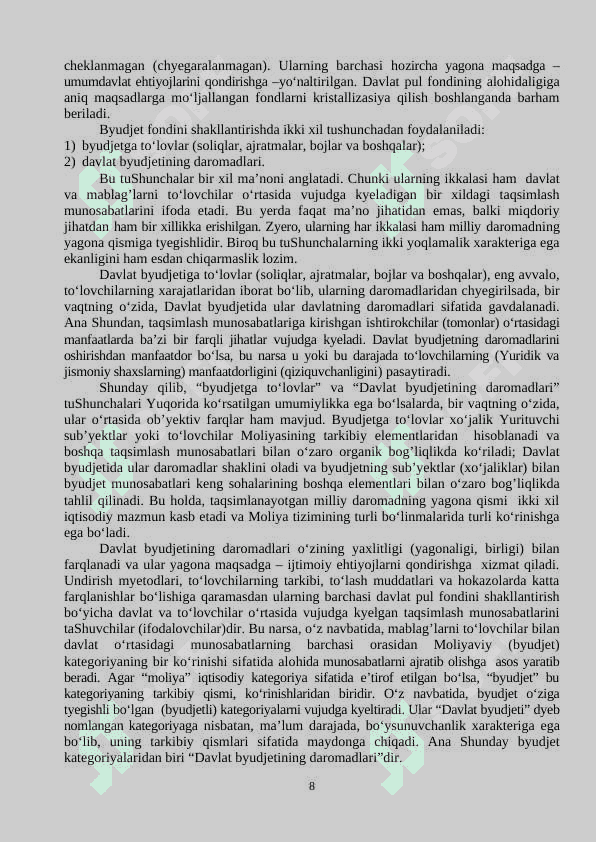 Byudjet, uning shakllanishi va taqsimlanishining iqtisodiyotdagi ahamiyati 8