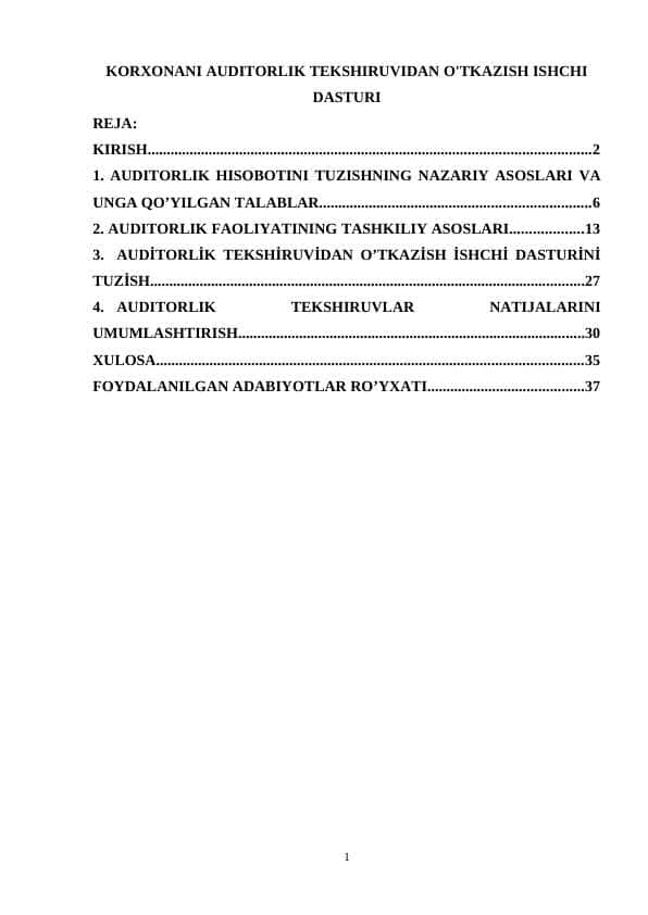 KORXONANI AUDITORLIK TEKSHIRUVIDAN O'TKAZISH ISHCHI DASTURI