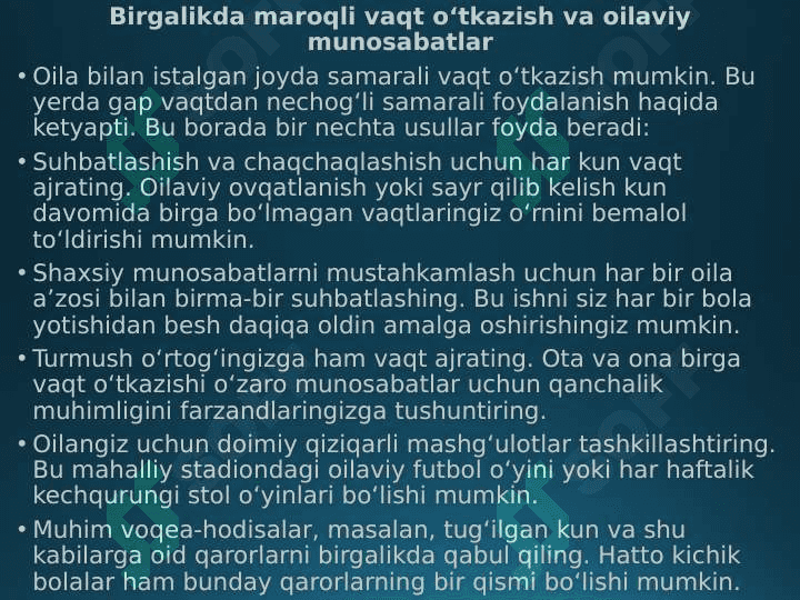 Bola tarbiyasi, Oilani mustahkamlash, onalik va bolalikni himoya qilish bo'yicha maktabgacha ta'lim tashkilotlarida amalga oshirilayotgan ishlarning mazmuni bilan tanishish. 6