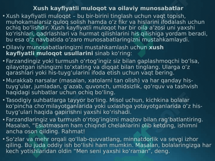 Bola tarbiyasi, Oilani mustahkamlash, onalik va bolalikni himoya qilish bo'yicha maktabgacha ta'lim tashkilotlarida amalga oshirilayotgan ishlarning mazmuni bilan tanishish. 8