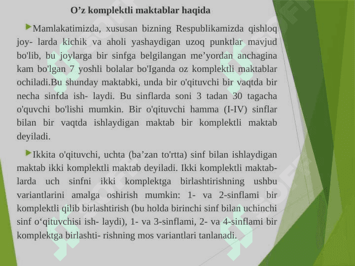 O’z  komplektli  maktablarda  matematika  o’qitish  metodikasi 2