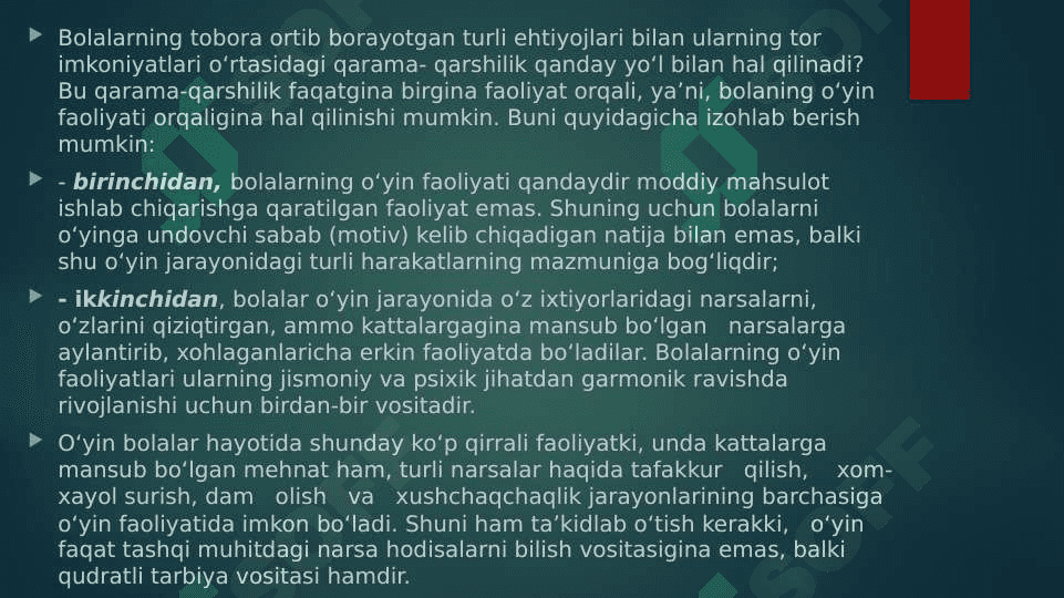 Bog`cha yoshidagi bolalar o`yinining psixologik xususiyatlari. 3