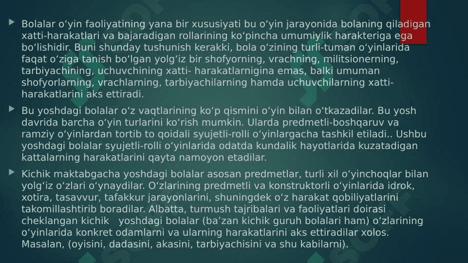 Bog`cha yoshidagi bolalar o`yinining psixologik xususiyatlari. 6