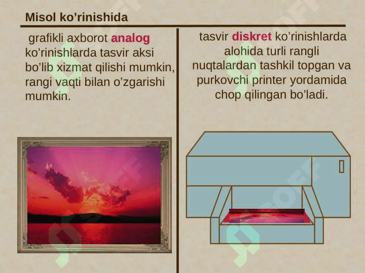 Kompyuter grafikasining tasnifi. KGning rivojlanish tarixi. KGning zamonaviy dasturiy ta’minoti. Grafik fayllarning formatlari. Grafik axborotlar bilan ishlash texnologiyalari. 6