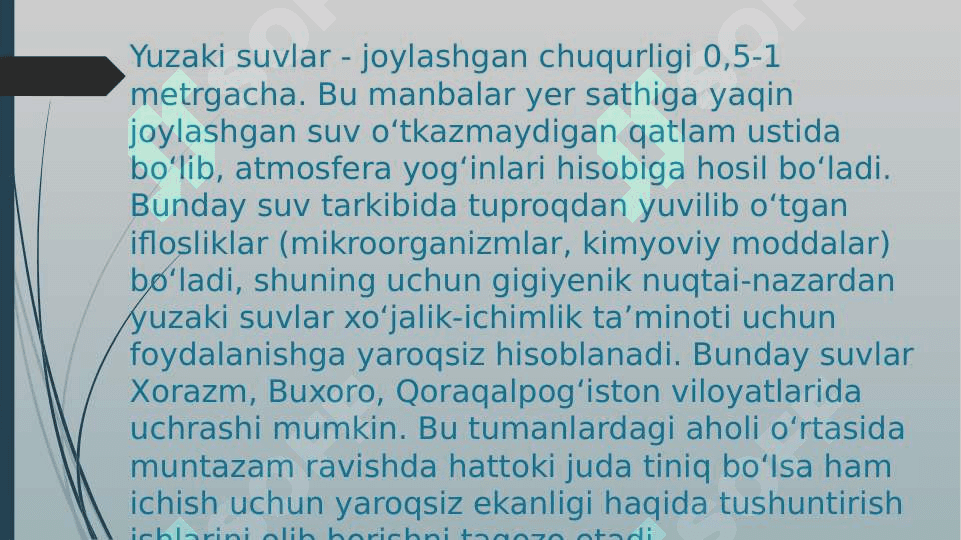 Mahalliy va markazlashgan suv ta'minoti haqida tushuncha ularning gigiyenik ahamiyati 4