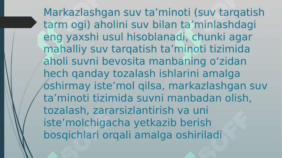 Mahalliy va markazlashgan suv ta'minoti haqida tushuncha ularning gigiyenik ahamiyati 8