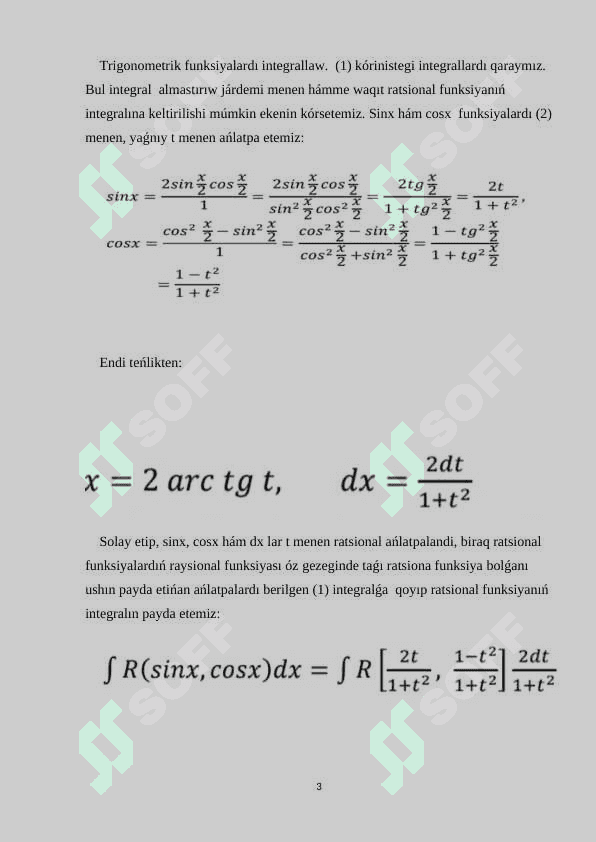 Trigonometrik funkciyalardı integrallaw. Trigonometrik funkciyalardı integrallaw universal almastırıw. Ayırım trigonometrik funkciyalardı integrallawdaǵı ápiwayı almastırıwlar. sinx hám cosx dárejeleriniń kóbeymeleri kórinisindegi integrallardı esaplaw. 3