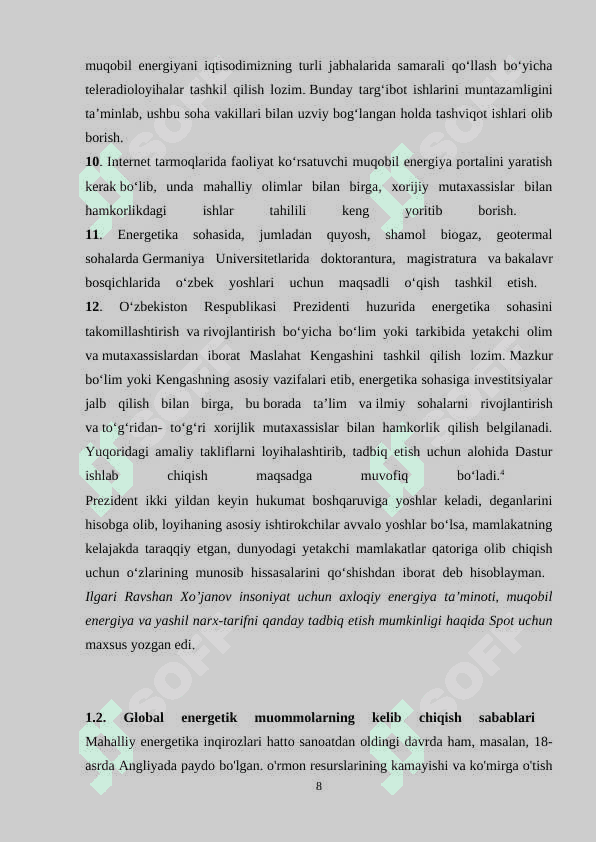 Global energetik muommolarning kelib chiqish sabablari va uni xal etish yo’nalishlari 8