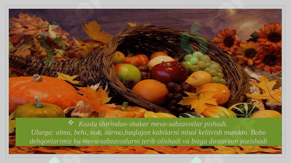 O’qish darslarida “ Oltin kuz – hosiling yuz” va “ Tabiatni seving va asrang” mavzularini o’rganish 8