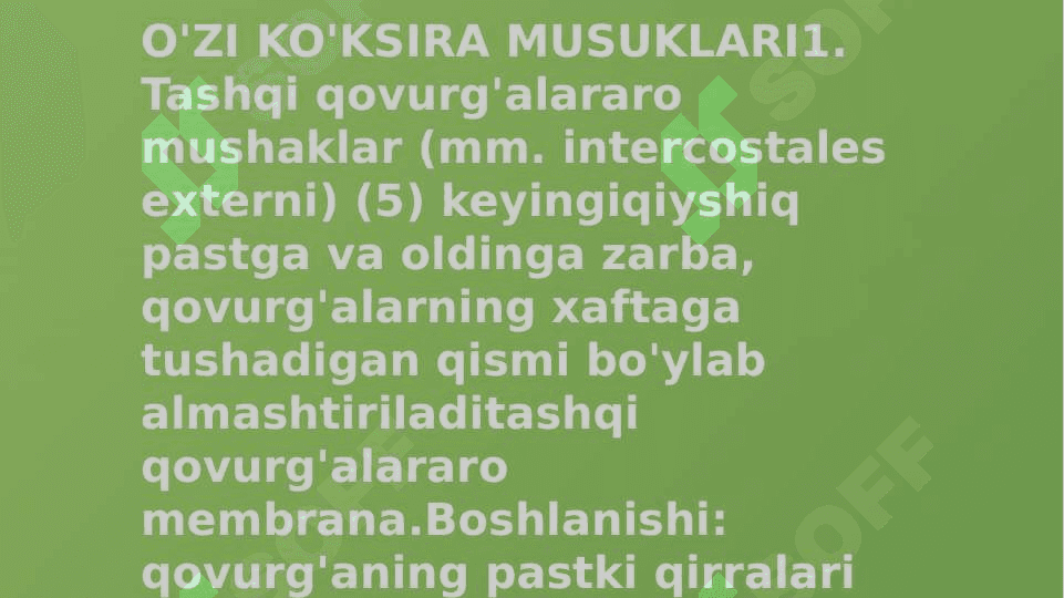Miologiya mushaklari haqida tushuncha. Gavdaning orqa, yuza va chuqur guruh muskullari. Ularning xususiyatlari 3
