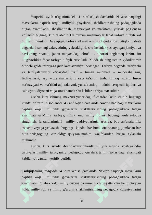 4 -sinf o'qish darslarida Navroz haqidagi mavzularni o'qitish orqali milliylik g'oyalarini shakllantirish usullari 6