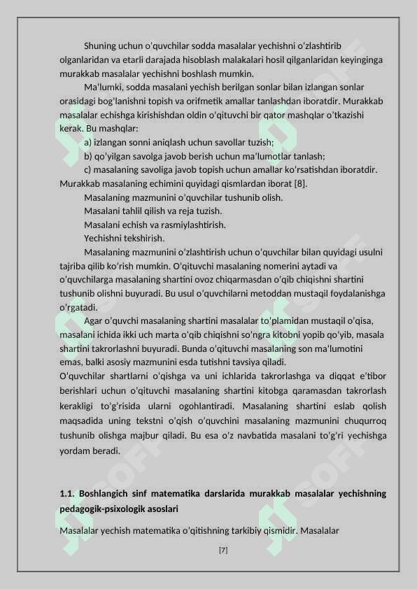 Kichik maktab yoshidagi o'quvchilarga murakkab masala tuahunchlarini  berish va bunday masalalar yechishga  o'rgatish 7