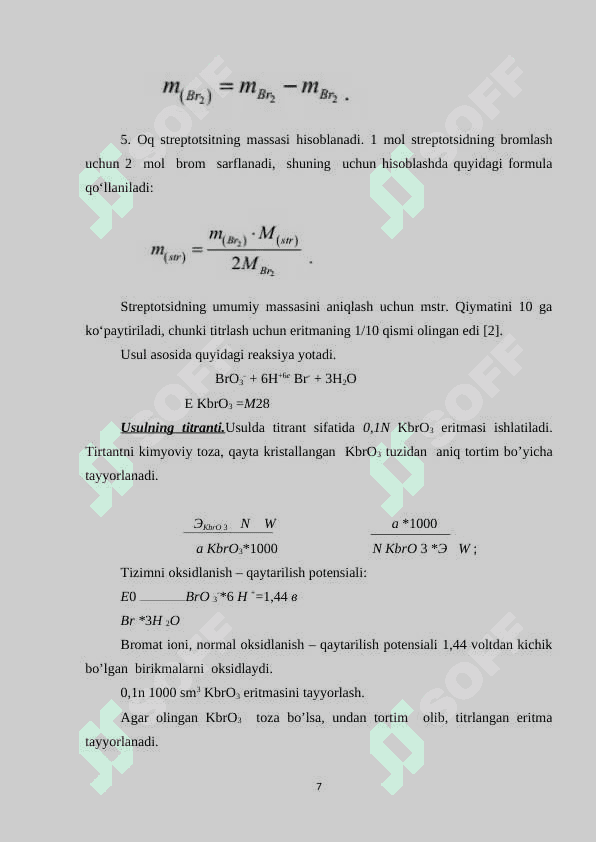 Bromatometriya, xloryodometriya, nitritometriya usullarini qo’llanishi 7