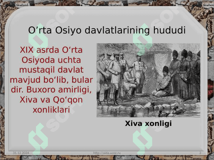 XIX asr o‘rtalarida O‘rta Osiyo davlatlarining hududi va aholisi 2