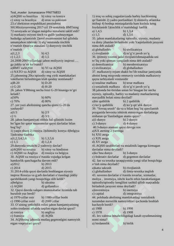 11-sinf Jahon tarixi darsligi yuzasidan mavzulashgan test to’plami 
(testlar soni 1037 ta) 4