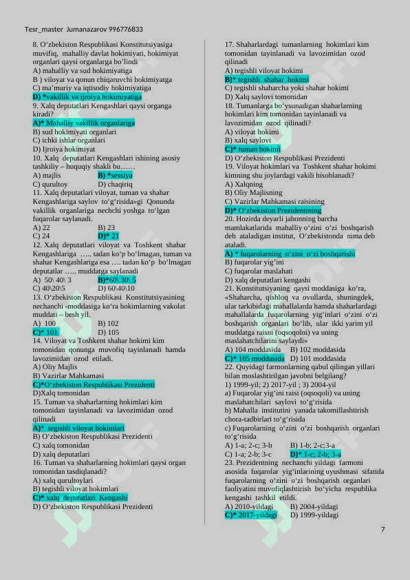 11-sinf O’zbekiston tarixi darsligi yuzasidan mavzulashtirilgan test to’plami  (testlar soni 689 t 7