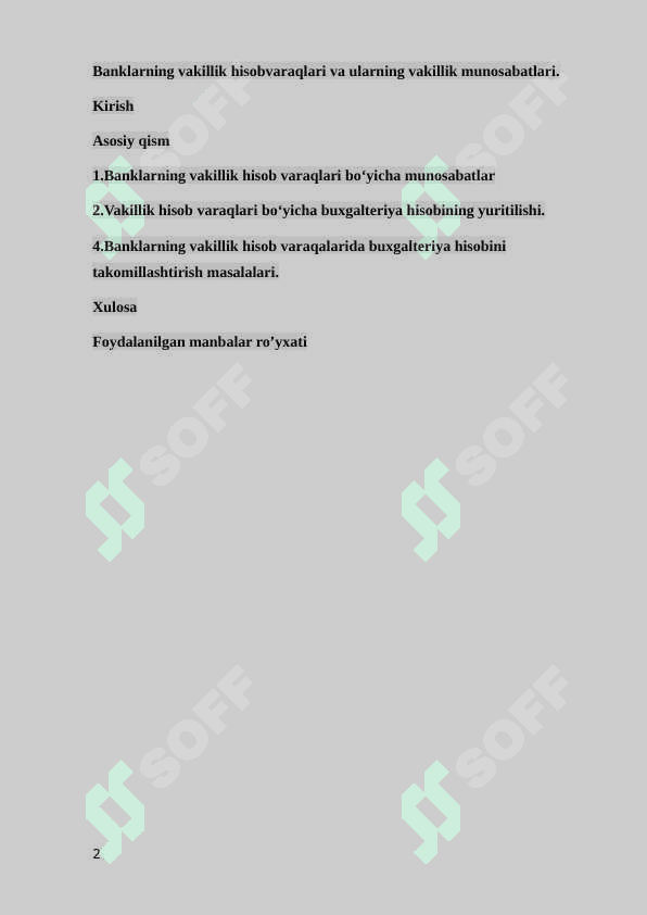 Banklarning vakillik hisobvaraqlari va ularning vakillik munosabatlari. 2