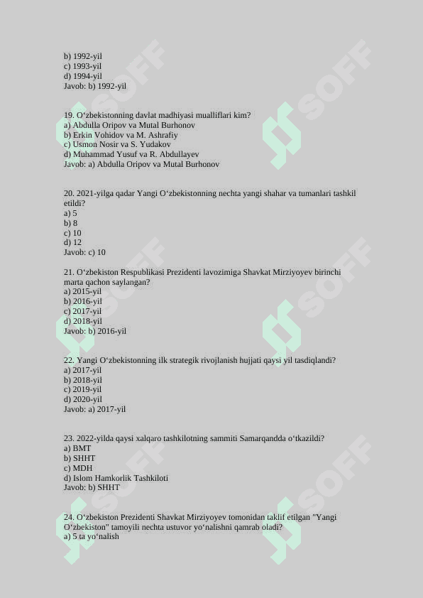 OʻZBEKISTON TARIXIDAN TESTLAR 4