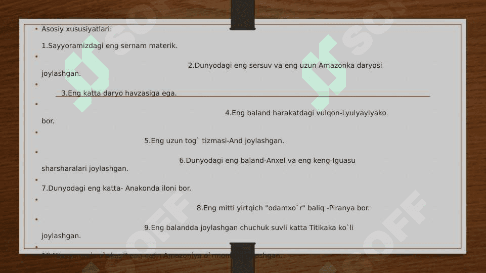 Janubiy Amerikaning geografik o`rni, o`rganilishi, geologik tuzilishi, foydali qazilmalari, relyefi. 4