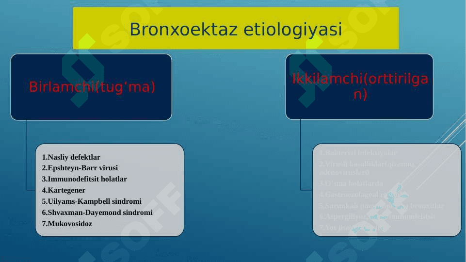 Bronxoektatik kasallik: etiologiya, patogenez, patomorfologiya, xarakterli simptomlar, og'iz bo'shlig'ida o'ziga xos o'zgarishlar parhez va              medikamentoz davolash. 4