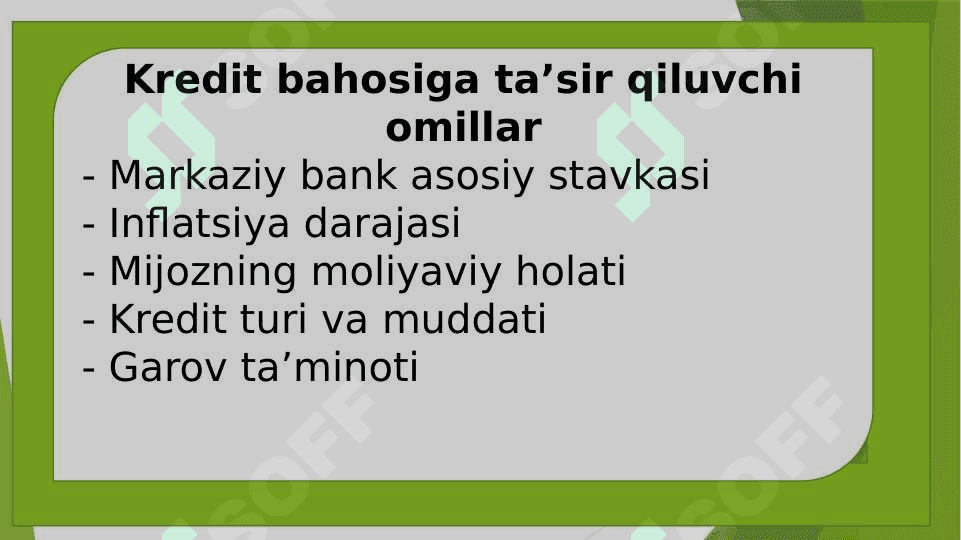 Kredit bahosiga taʼsir qiluvchi omillar slide 4