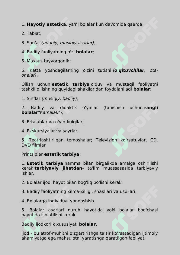 Maktabgacha yoshdagi bolalarni estetik tarbiyalash. Maktabgacha yoshdagi estetik madaniyat asoslarini tarbiyalash 2