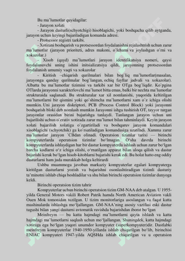 Operatsion tizimlarning jarayonlari boshqaruvi. Rejalashtirish parametrlari, rivojlantirish ko'rsatkichlari. Operatsion tizimlarning jarayonni rejalashtirish algoritmlari. Jarayonlar o'zaro bog'lanishi algoritmlari (sinxronlashtirish). Sinxronlashtirish mexonizmlar jarayonlari 3