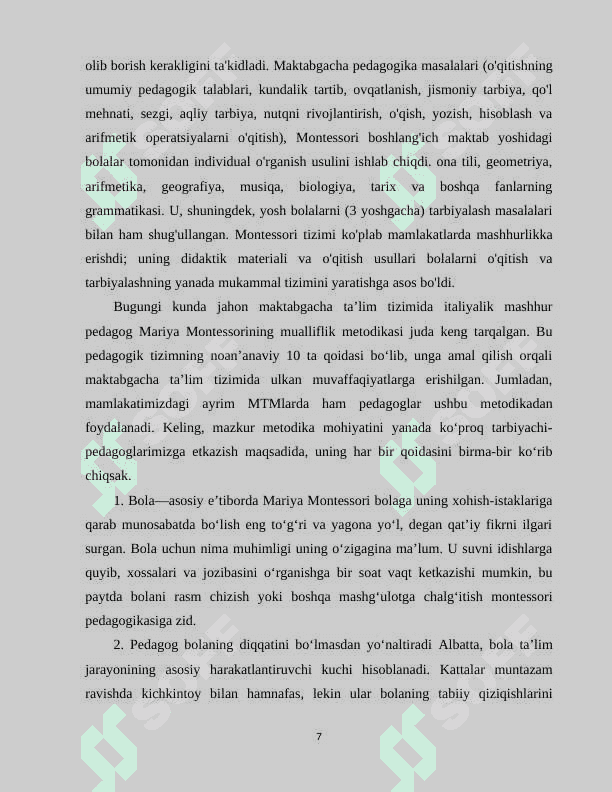 Mariya montessori metodikasi asosida tarbiya berishning bola rivojlanishidagi o'rni 7