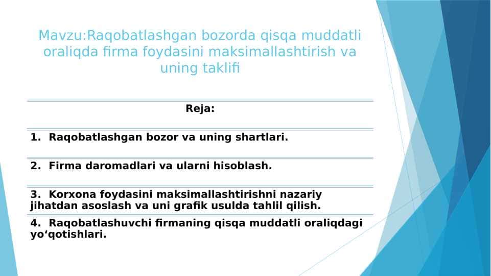 Raqobatlashgan bozorda qisqa muddatli oraliqda firma foydasini maksimallashtirish va uning taklifi