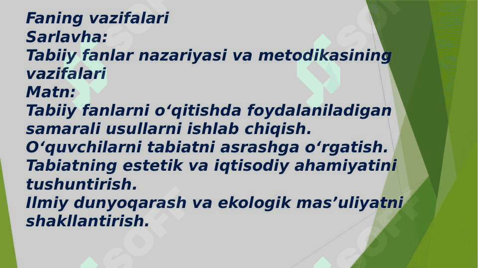 Tabiiy fanlar nazariyasi va metodikasi fanining  predmeti, maqsad va vazifalari.  Tabiiy fanlar nazariyasi va metodikasi fanining  tadqiqot metodlari.Boshlang‘ich ta’limda tabiiy fanlarni o‘qitishda o‘quvchilarning ma’naviy, axloqiy, aqliy, vatanparvarlik, ekologik, estetik, iqtisodiy, tarbiyalash vazifalari. 4