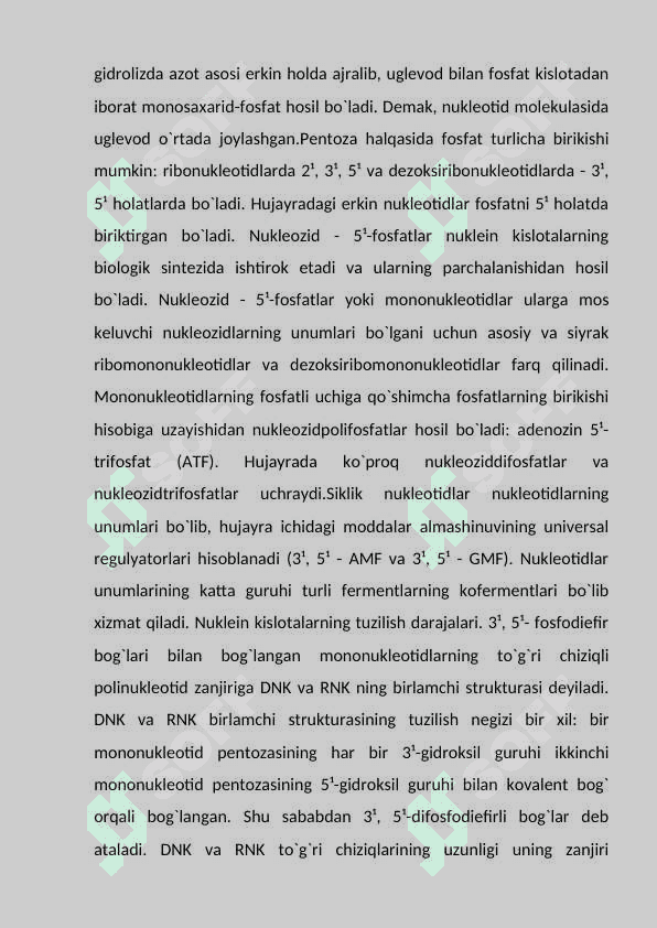 Nukleozidlar Nukleotidlar. Nukleozidlarning mono- va polifosfatlari. Nuklein kislotalar tuzilishi. Lipidlar. Sovunlanadigan oddiy lipidlar. Uchatsilglitseridlar. Sovunlanadigan murakkab lipidlar. Tuzilishi va hossalari. 3